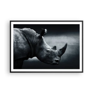 Poster in cornice nera - Ritratto in bianco e nero di un rinoceronte su sfondo scuro - 100x70cm - Profilo destro - Decorazione murale moderna per soggiorno e camera da letto ARTTOR