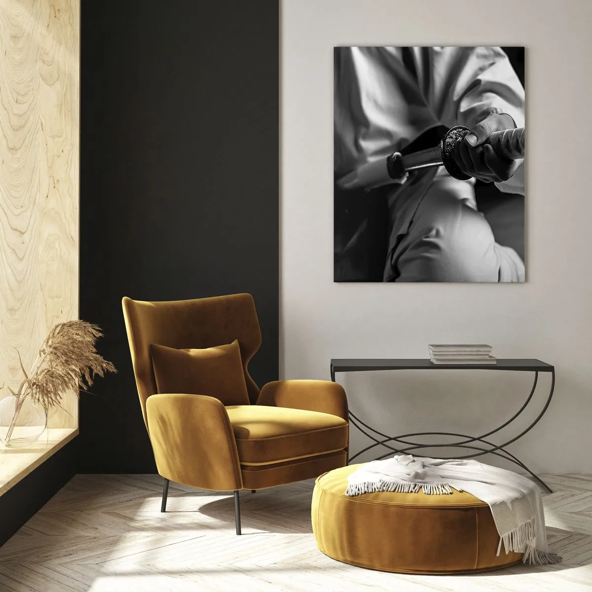 Quadro su vetro - Una figura in kimono che impugna una spada, composizione in bianco e nero - 50x70cm - L'anima del guerriero - Decorazione murale moderna per soggiorno e camera da letto ARTTOR