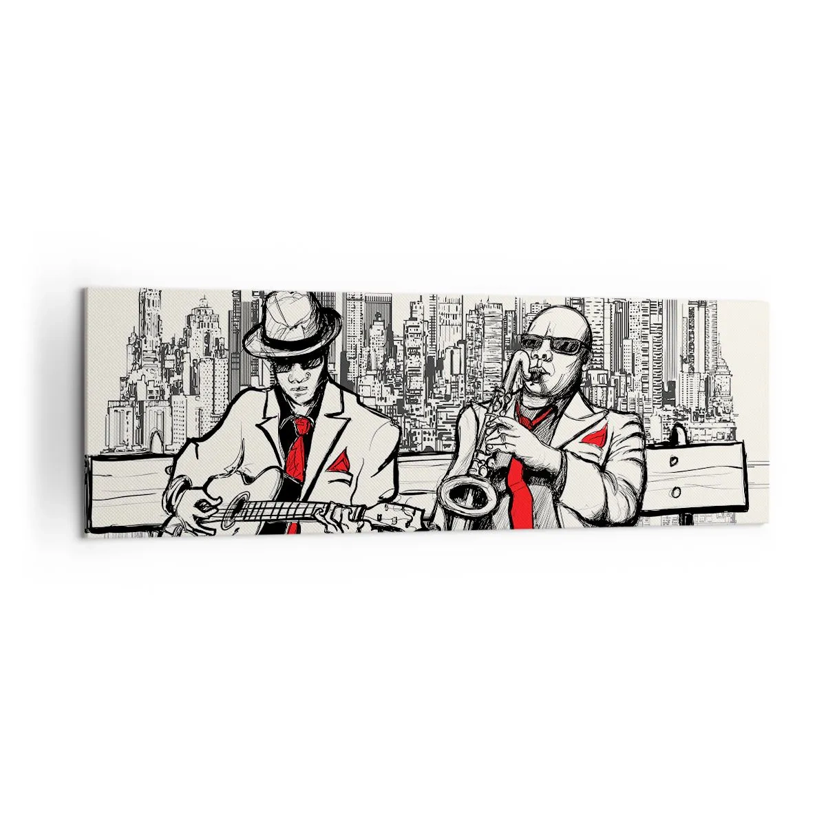 Quadro su tela - Stampe su Tela - Un duo jazz con sassofono e chitarra sullo sfondo della città - 160x50cm - Improvvisare a New York - Decorazione murale moderna per soggiorno e camera da letto ARTTOR