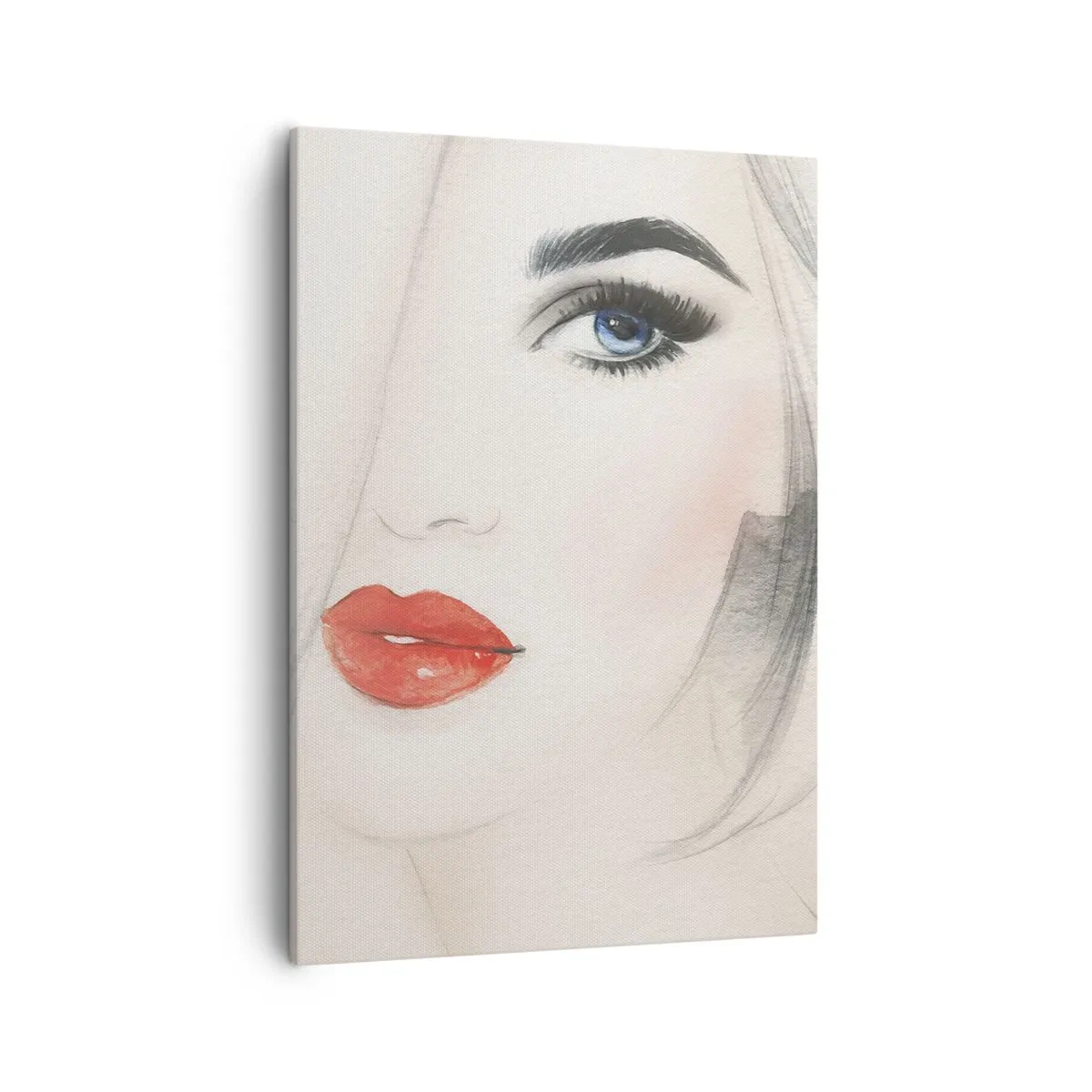 Quadro su tela - Stampe su Tela - Un ritratto minimalista di una donna con occhi azzurri e labbra rosse. - 50x70cm - Ipnotizza e inebria - Decorazione murale moderna per soggiorno e camera da letto ARTTOR