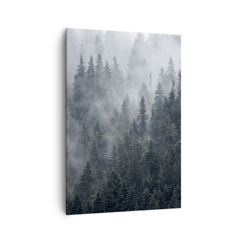 Quadro su tela - Stampe su Tela - Foresta di conifere nebbiosa nei toni del grigio e del verde - 70x100cm - Alba nel bosco - Decorazione murale moderna per soggiorno e camera da letto ARTTOR