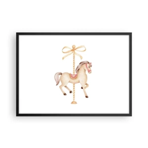 Poster in cornice nera - Un cavallo da giostra con un fiocco in delicati colori pastello - 70x50cm - Trotto aggraziato - Decorazione murale moderna per soggiorno e camera da letto ARTTOR