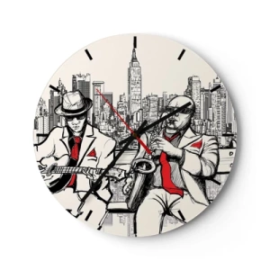Orologio da parete - Orologio in Vetro - Un quadrante di orologio con un motivo di musicisti jazz sullo sfondo di New York City - 30x30cm - Improvvisare a New York - Decorazione murale moderna per soggiorno, cucina e camera da letto ARTTOR