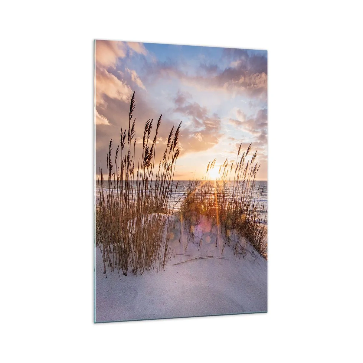 Quadro su vetro - Dune con erba sullo sfondo del sole al tramonto - 70x100cm - L'addio al sole e al vento - Decorazione murale moderna per soggiorno e camera da letto ARTTOR