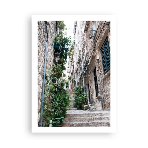 Poster - Una strada di pietra con vegetazione lussureggiante e scale - 50x70cm - Il fascino della città vecchia - Decorazione murale moderna per soggiorno e camera da letto ARTTOR