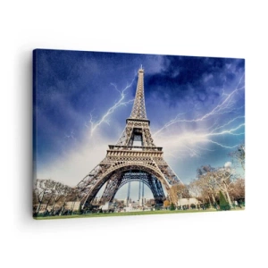 Quadro su tela - Stampe su Tela - La Torre Eiffel con un cielo tempestoso e fulmini sullo sfondo - 70x50cm - La signora delle tempeste - Decorazione murale moderna per soggiorno e camera da letto ARTTOR