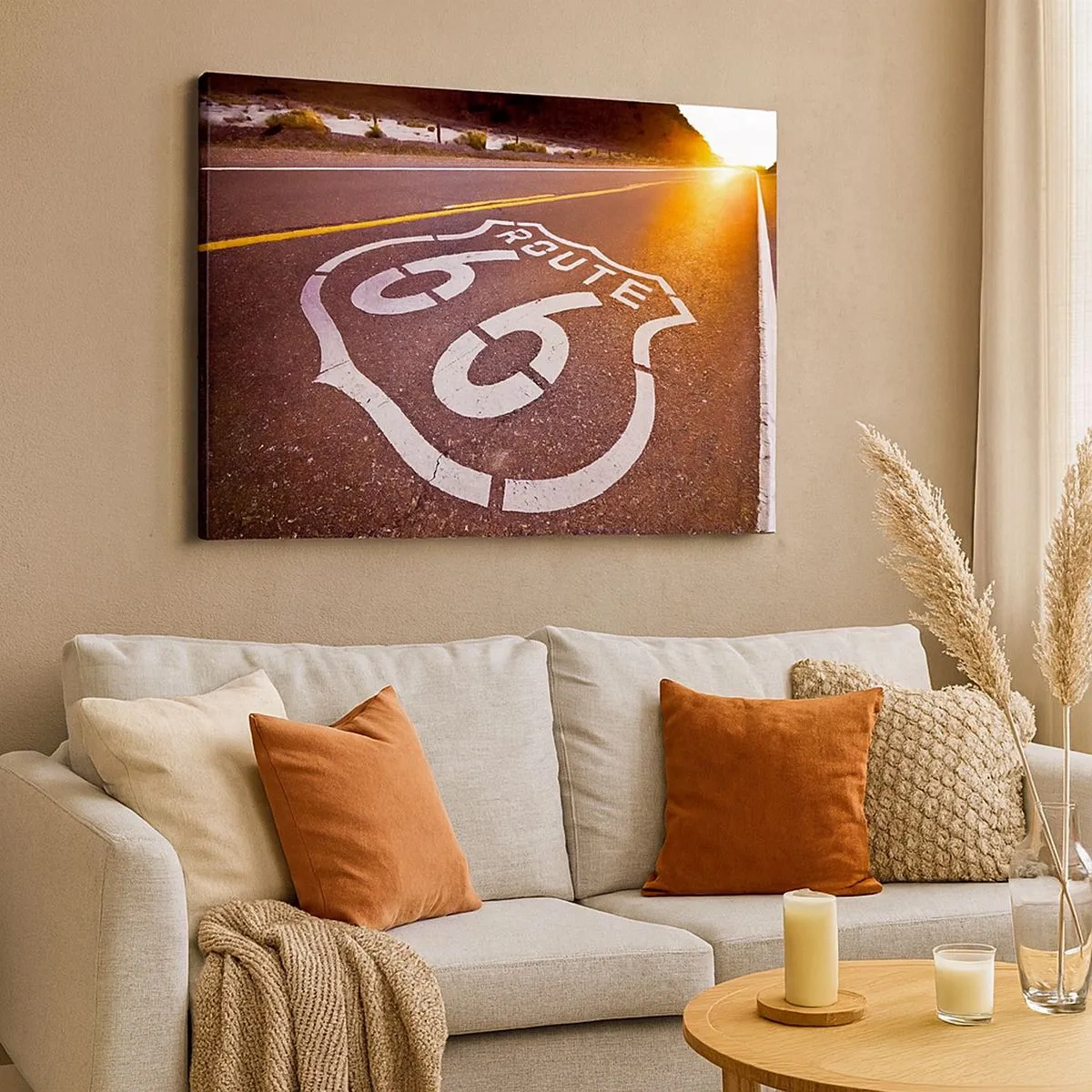 Quadro su tela - Stampe su Tela - Route 66 al tramonto - 70x50cm - La mitica Route 66 - Decorazione murale moderna per soggiorno e camera da letto ARTTOR