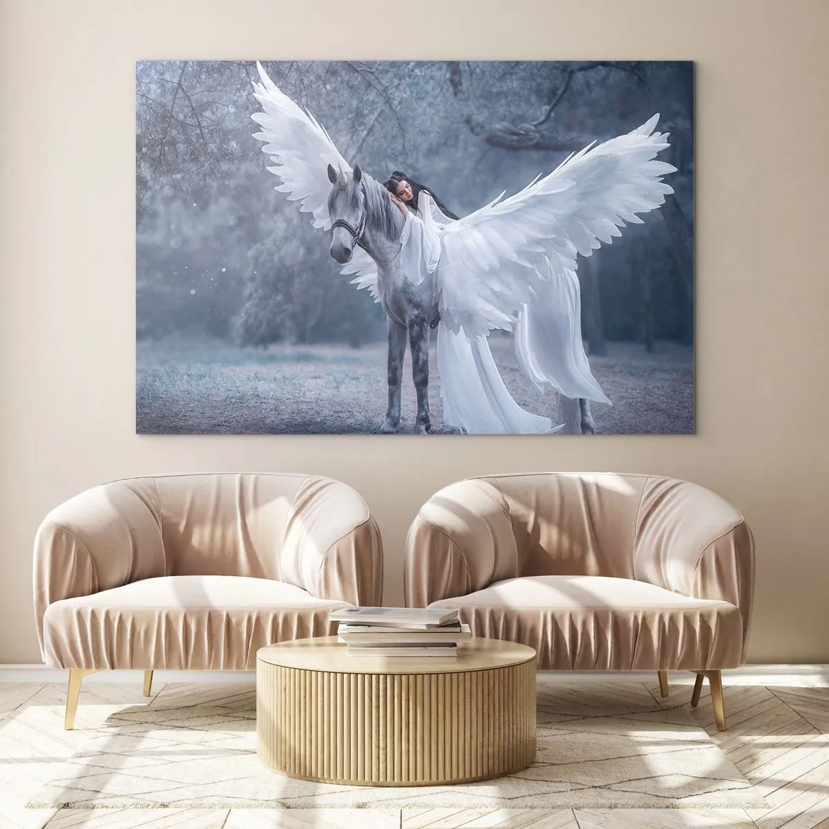 Quadro su vetro - Pegaso con ali bianche e una donna in abito in una foresta mistica - 100x70cm - Momento ispirato - Decorazione murale moderna per soggiorno e camera da letto ARTTOR