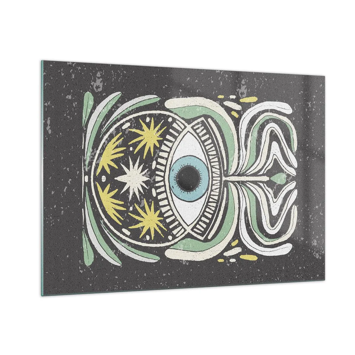 Quadro su vetro - Occhio grafico con ornamenti tribali su sfondo scuro - 100x70cm - Rituali tribali - Decorazione murale moderna per soggiorno e camera da letto ARTTOR