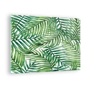Quadro su vetro - Foglie di palma verdi su sfondo bianco che creano un motivo geometrico - 70x50cm - Sotto un baldacchino verde - Decorazione murale moderna per soggiorno e camera da letto ARTTOR