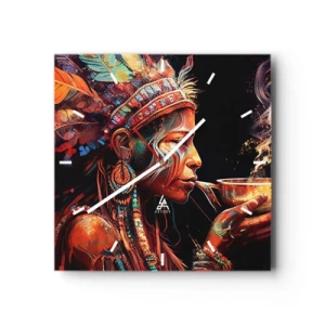 Orologio da parete - Orologio in Vetro - Una figura colorata in stile etnico con una tazza di bevanda fumante - 30x30cm - Rituale magico - Decorazione murale moderna per soggiorno e camera da letto ARTTOR