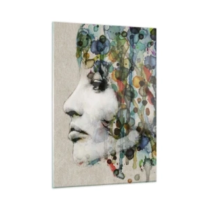 Quadro su vetro - Ritratto di una donna con accenti di colore astratti - 50x70cm - Emersa dal grigio - Decorazione murale moderna per soggiorno e camera da letto ARTTOR