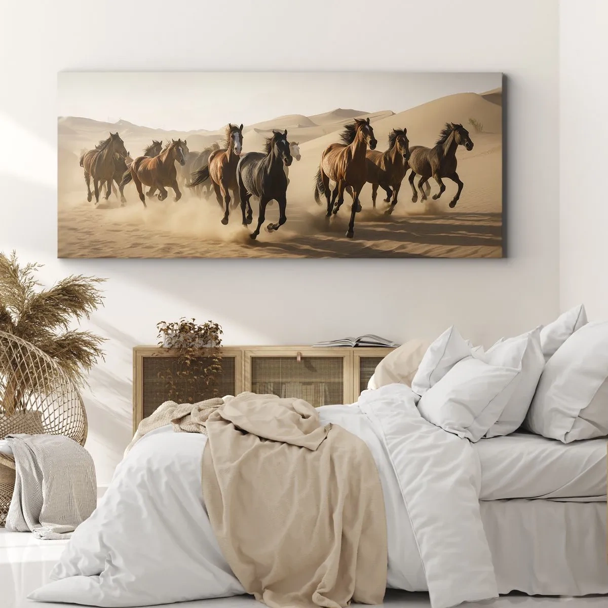 Quadro su tela - Stampe su Tela - Cavalli al galoppo sullo sfondo del deserto - 140x50cm - Liberi come il vento - Decorazione murale moderna per soggiorno e camera da letto ARTTOR