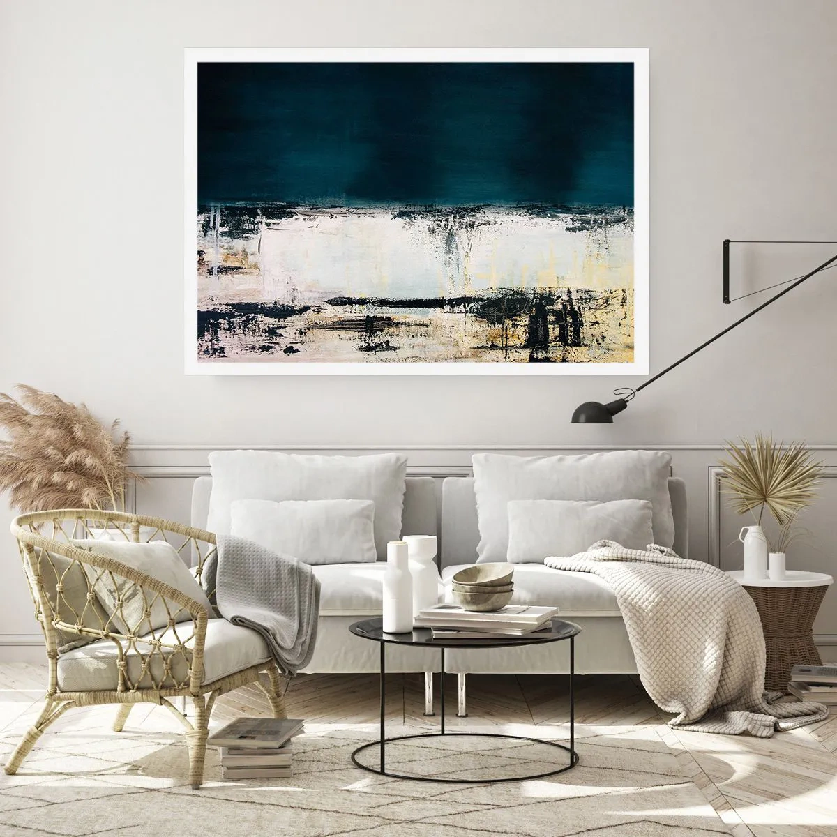 Poster - Composizione orizzontale astratta nei toni del blu navy e del bianco - 100x70cm - Composizione orizzontale - Decorazione murale moderna per soggiorno e camera da letto ARTTOR