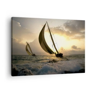 Quadro su tela - Stampe su Tela - Barche a vela in mare al tramonto - 70x50cm - Con il vento e controvento - Decorazione murale moderna per soggiorno e camera da letto ARTTOR