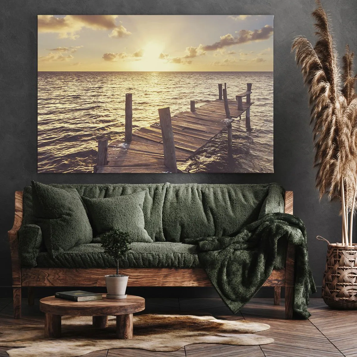 Quadro su tela - Stampe su Tela - Un molo di legno che conduce verso il tramonto - 120x80cm - Il paese dorato della mitezza - Decorazione murale moderna per soggiorno e camera da letto ARTTOR