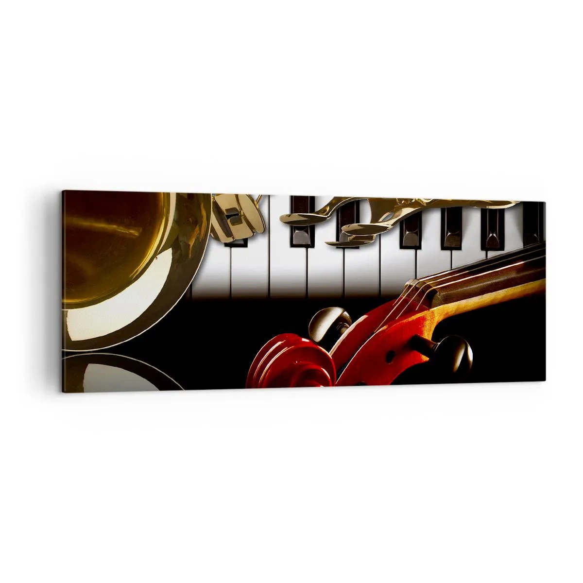 Quadro su tela - Stampe su Tela - Un sassofono dorato, tasti di pianoforte e un violino rosso - 140x50cm - Metallo, legno e avorio - Decorazione murale moderna per soggiorno e camera da letto ARTTOR