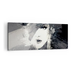 Quadro su tela - Stampe su Tela - Un ritratto astratto di una donna in tonalità di grigio con delicati accenti. - 120x50cm - Dietro un velo grigio - Decorazione murale moderna per soggiorno e camera da letto ARTTOR