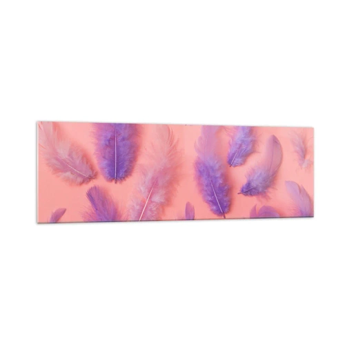 Quadro su vetro - Piume viola e rosa su uno sfondo pastello - 160x50cm - L'uccello lilla del desiderio - Decorazione murale moderna per soggiorno e camera da letto ARTTOR