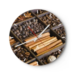 Orologio da parete - Orologio in Vetro - Divisorio in legno con varie spezie e caffè - 30x30cm - Il tesoro degli aromi - Decorazione murale moderna per soggiorno, cucina e camera da letto ARTTOR
