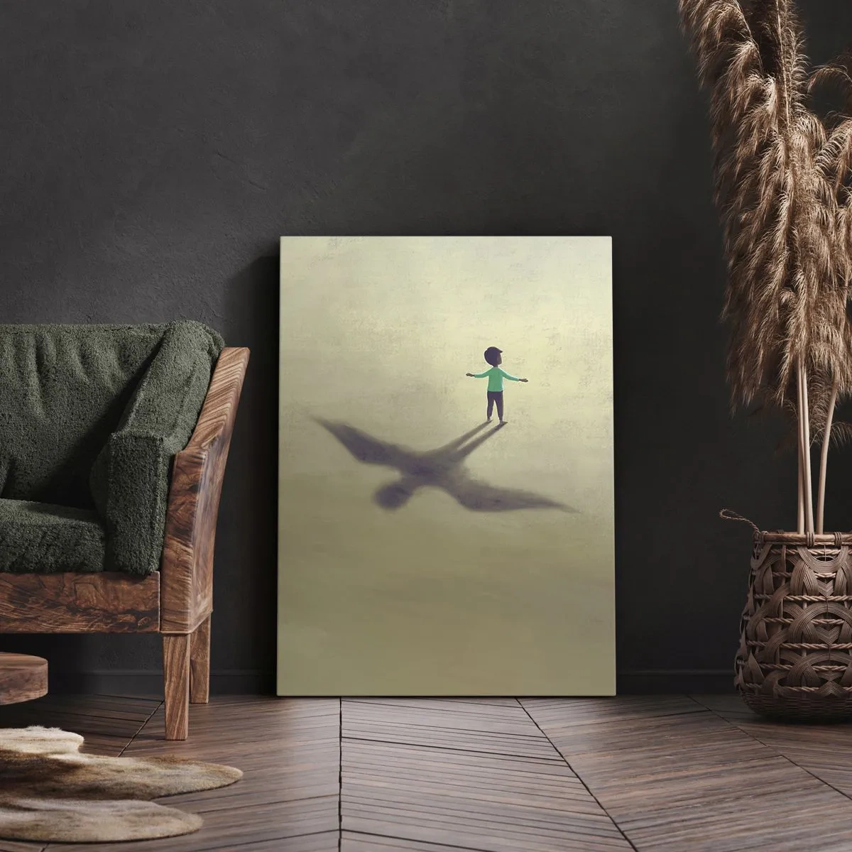 Quadro su tela - Stampe su Tela - Una figura simbolica di un bambino con l'ombra di un uccello su uno sfondo dalle tonalità calde. - 50x70cm - Eroe del futuro - Decorazione murale moderna per soggiorno e camera da letto ARTTOR