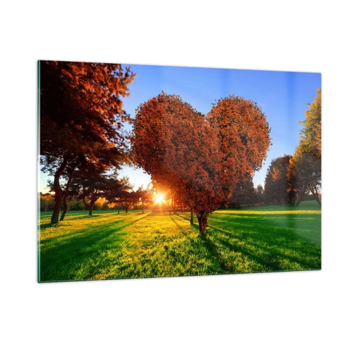 Quadro su vetro - Un albero a forma di cuore sullo sfondo del sole al tramonto - 120x80cm - Come non amare l'autunno - Decorazione murale moderna per soggiorno e camera da letto ARTTOR