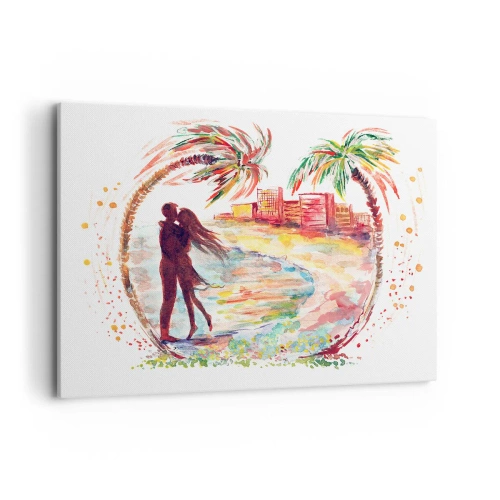 Quadro su tela - Stampe su Tela - Scena romantica di coppia su una spiaggia con palme in acquerello - 100x70cm - Vacanze romantiche - Decorazione murale moderna per soggiorno e camera da letto ARTTOR