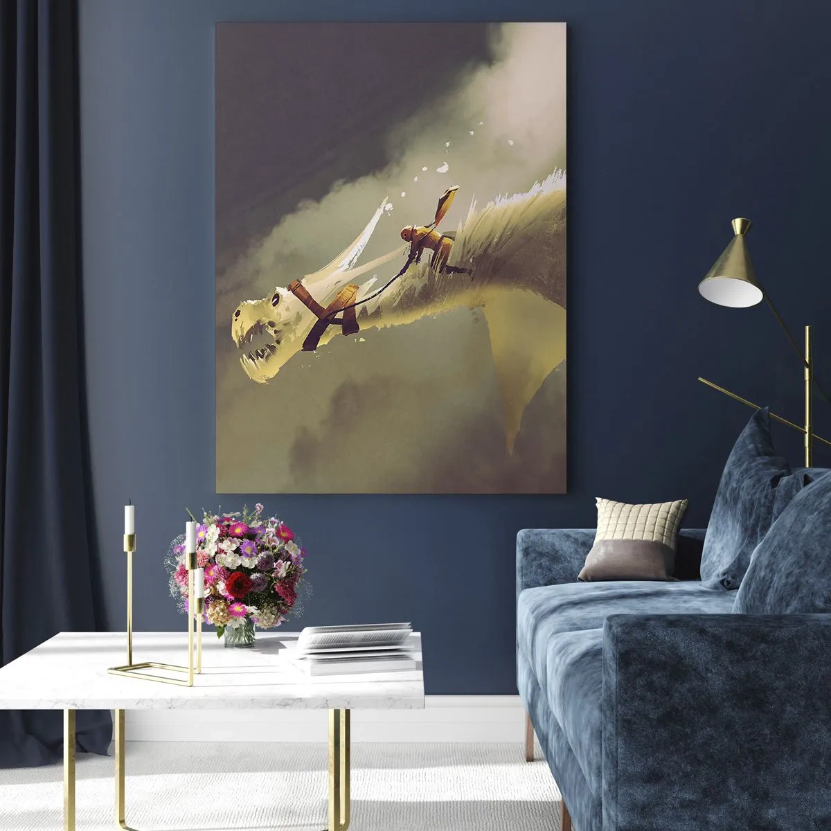 Quadro su vetro - Illustrazione di un cavaliere di draghi in un paesaggio fantasy nuvoloso - 80x120cm - Per salvare il mondo - Decorazione murale moderna per soggiorno e camera da letto ARTTOR