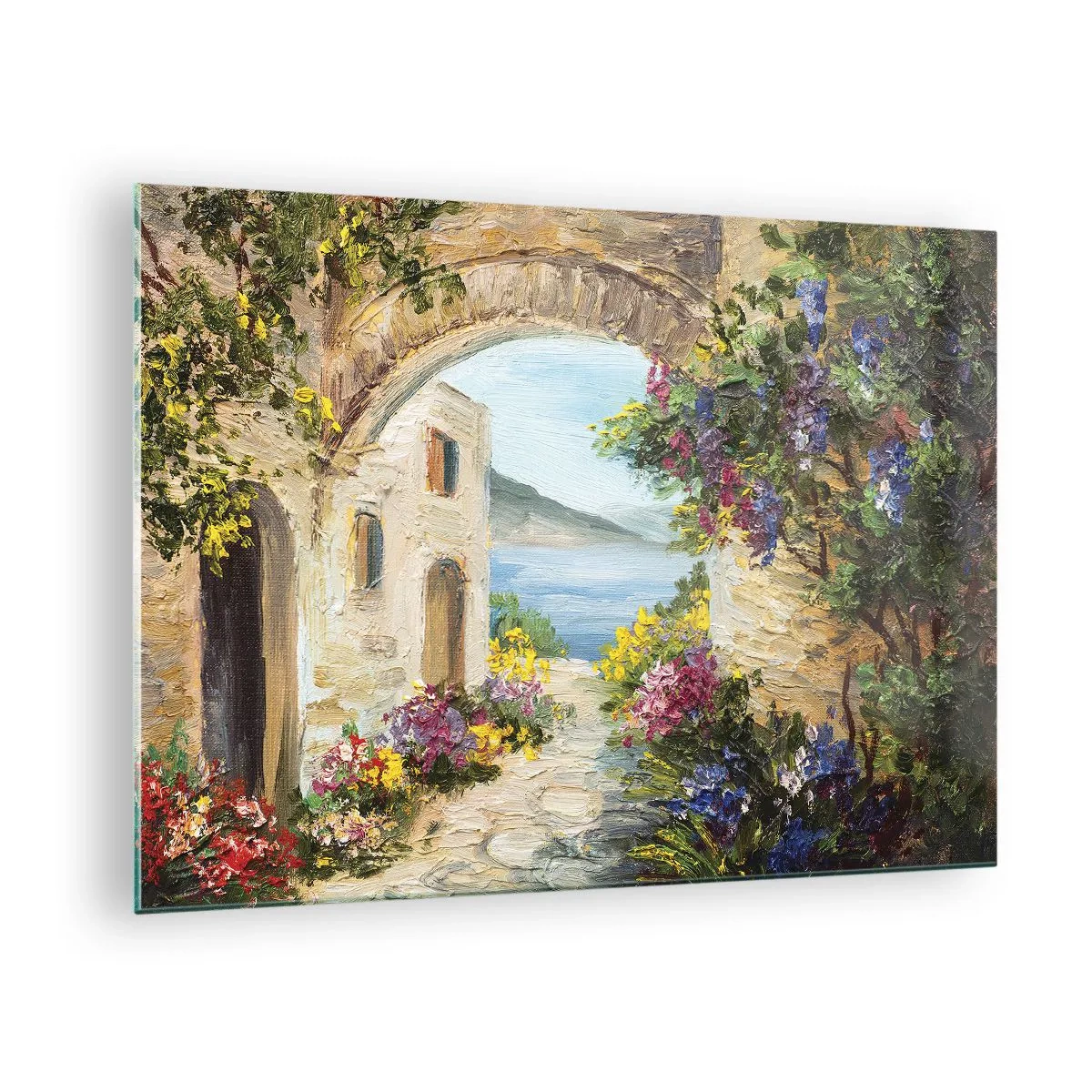 Quadro su vetro - Una pittoresca strada con vista sul lago - 70x50cm - La bellezza della provincia costiera - Decorazione murale moderna per soggiorno e camera da letto ARTTOR