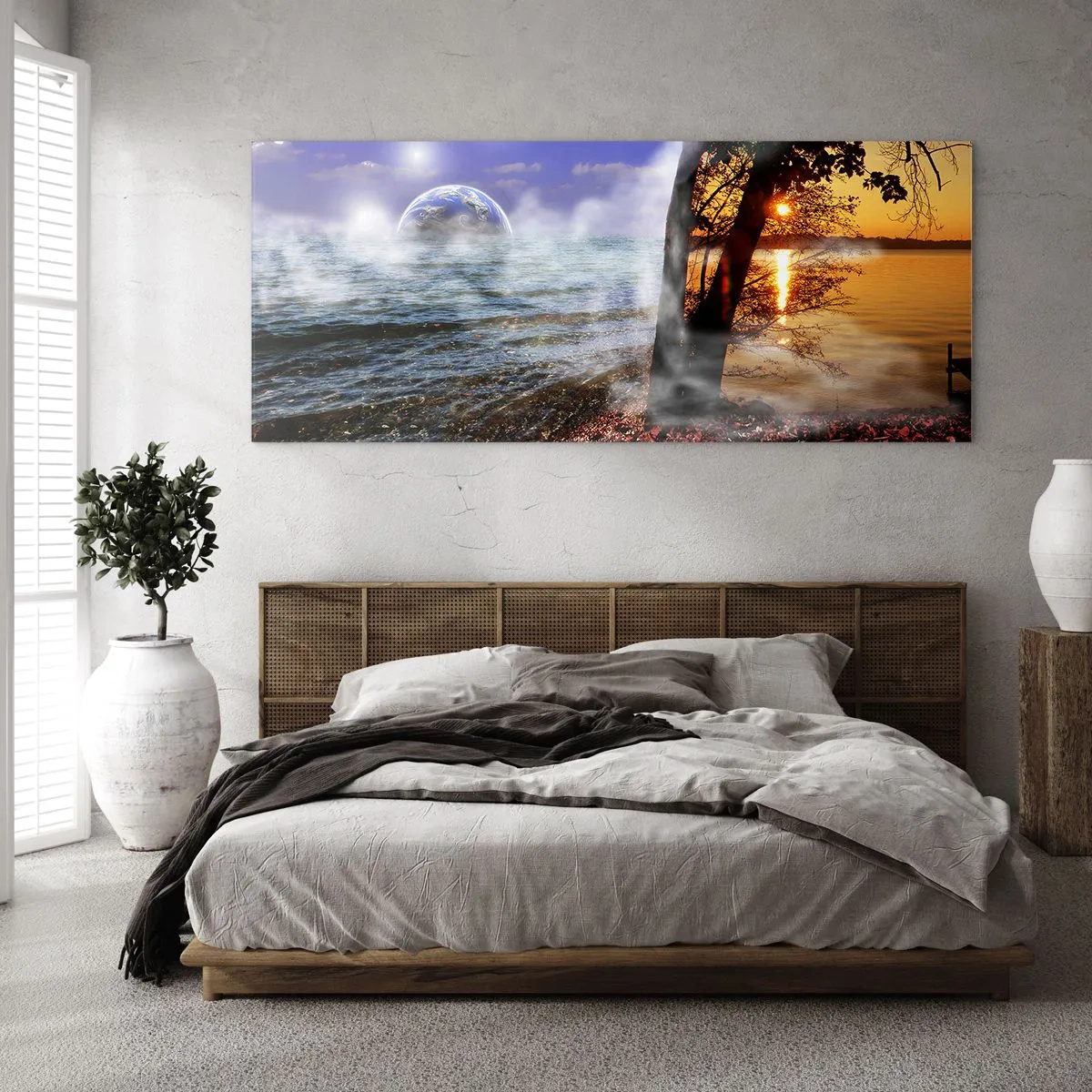 Quadro su vetro - Paesaggio fantastico con mare, alberi e tramonto. - 140x50cm - Paesaggio surreale: unità della natura - Decorazione murale moderna per soggiorno e camera da letto ARTTOR
