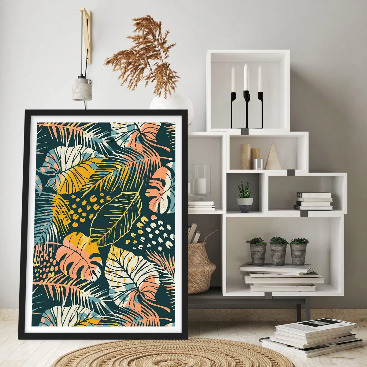 Poster in cornice nera - Fantasia di foglie - 30x40 cm