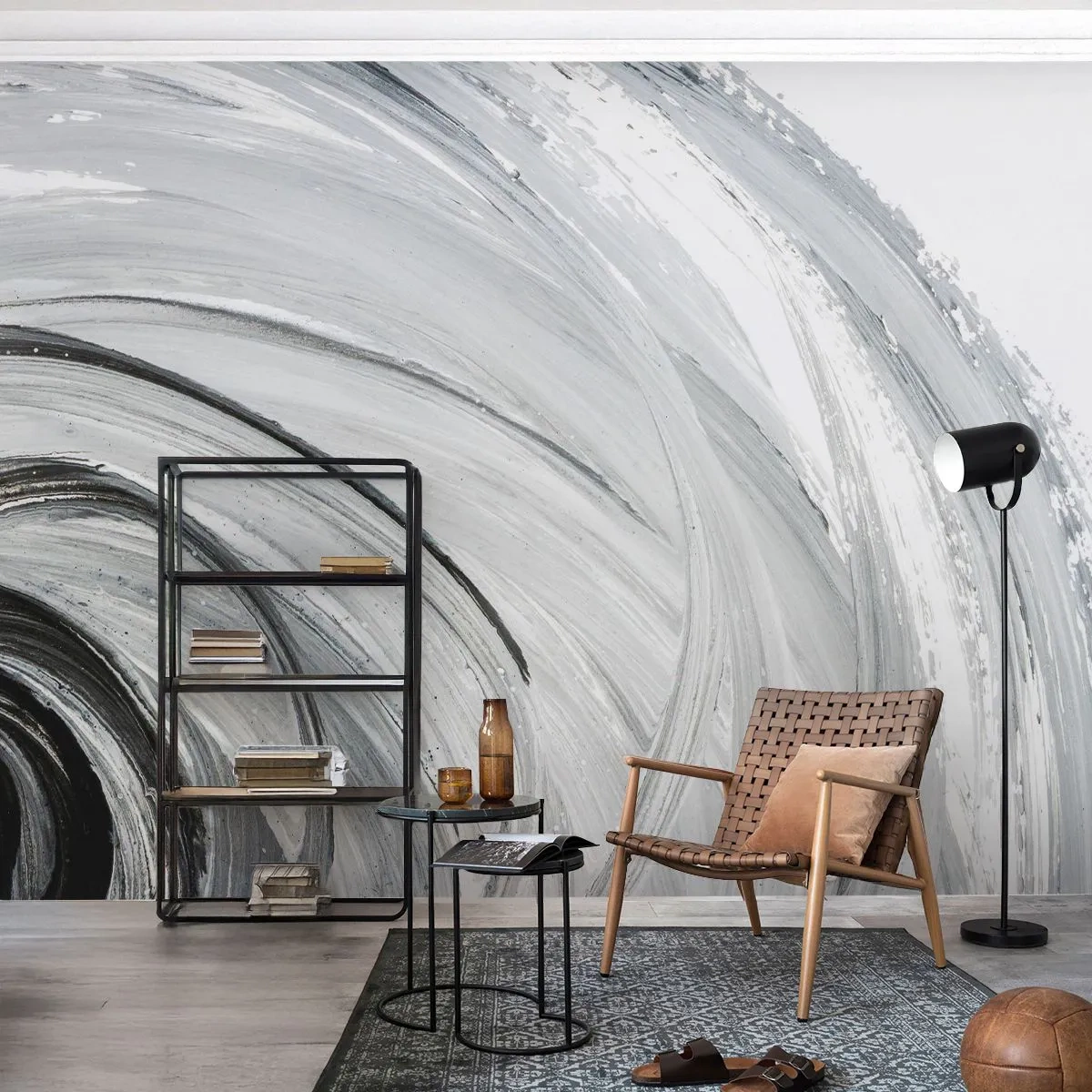 Fotomurali Standard Eco - Pennellate astratte e vorticose in tonalità di grigio - 100x70cm - Composizione orbitale - Decorazione murale moderna per soggiorno e camera da letto ARTTOR