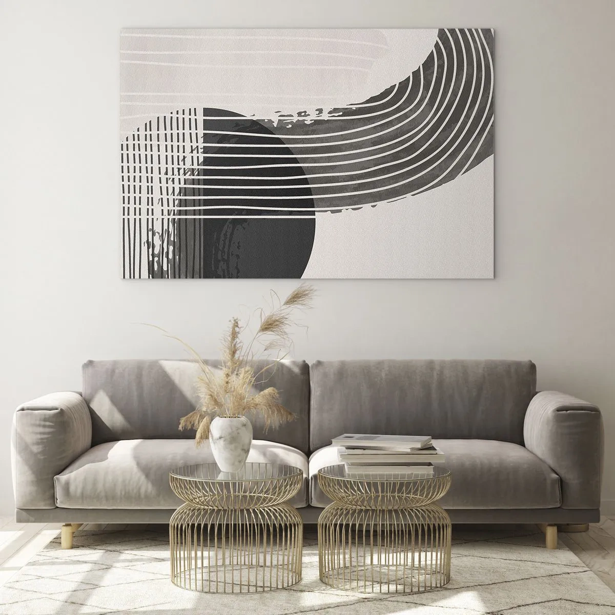 Quadro su vetro - Astrazione in bianco e nero con linee e forme geometriche - 120x80cm - Andata e ritorno - Decorazione murale moderna per soggiorno e camera da letto ARTTOR
