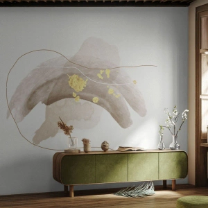 Fotomurali Standard Eco - Una composizione astratta in beige e oro su uno sfondo chiaro. - 100x70cm - Incontro nello spazio - Decorazione murale moderna per soggiorno e camera da letto ARTTOR