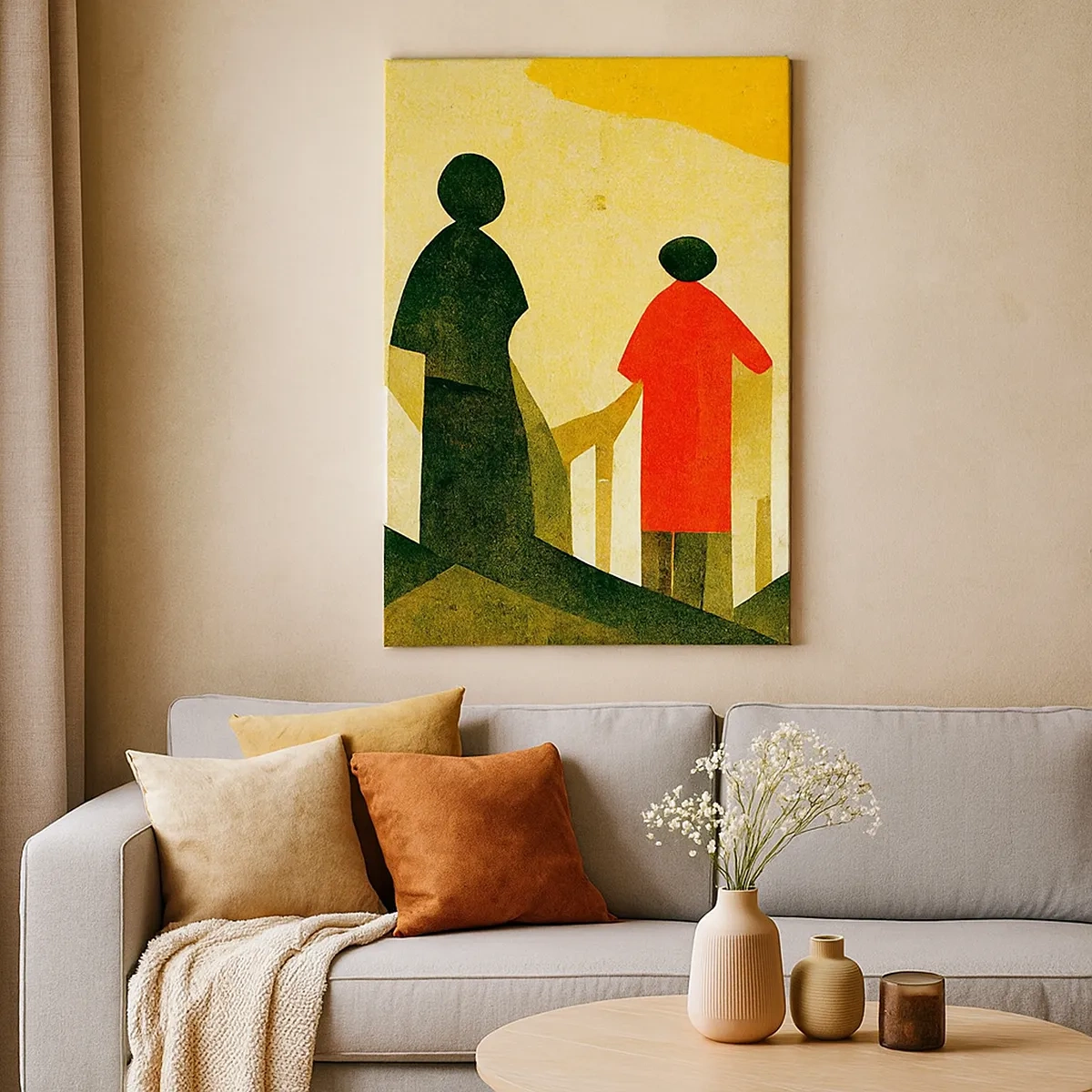 Quadro su tela - Stampe su Tela - Silhouette geometriche in rosso e verde su sfondo giallo - 50x70cm - La strada è ancora lunga - Decorazione murale moderna per soggiorno e camera da letto ARTTOR