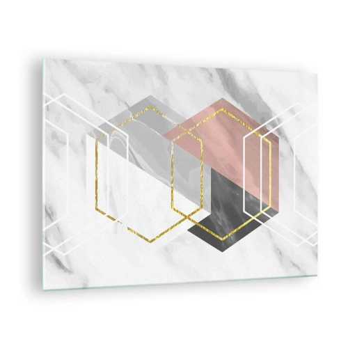 Quadro su vetro - Forme geometriche dorate su uno sfondo di marmo - 70x50cm - Composizione a catena - Decorazione murale moderna per soggiorno e camera da letto ARTTOR