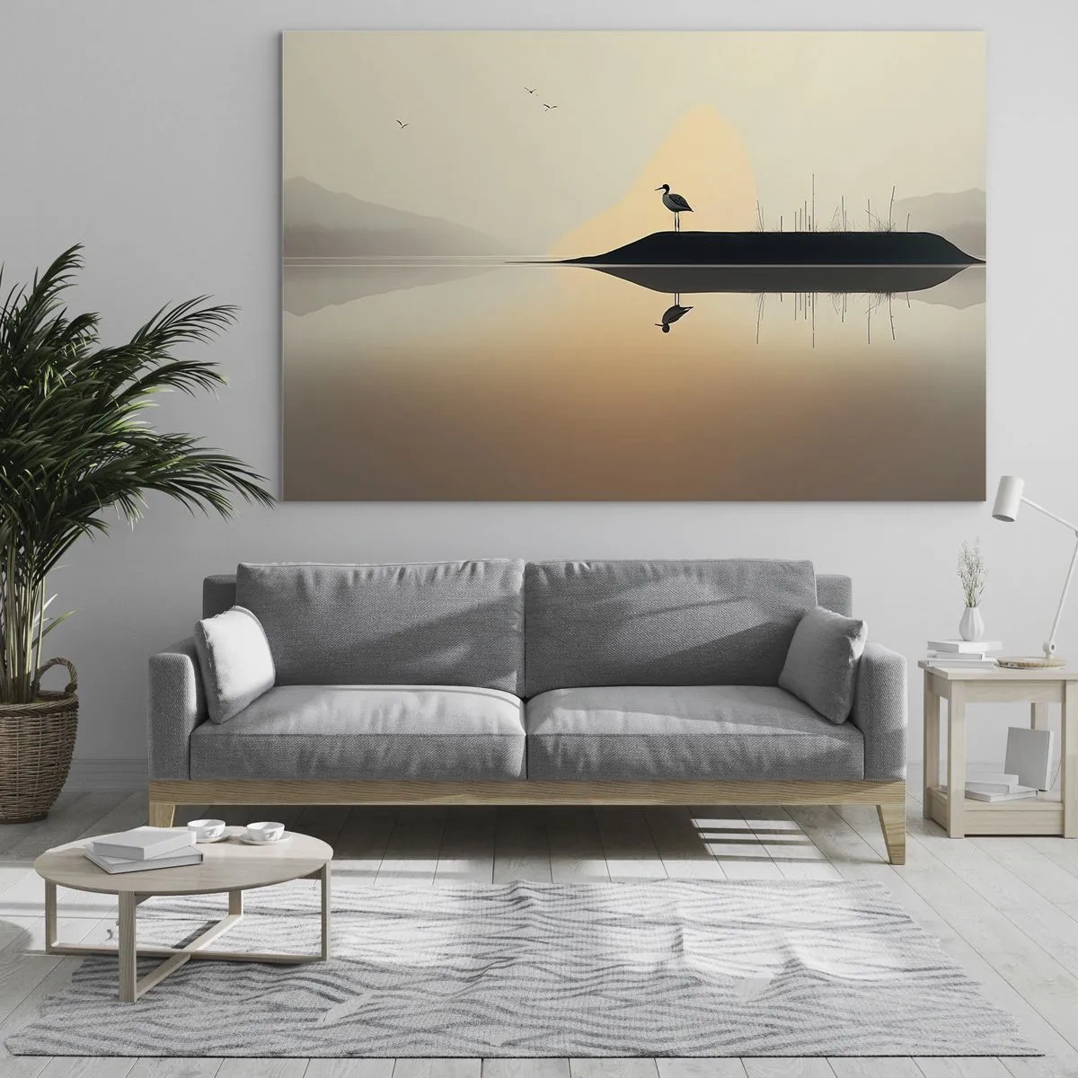 Quadro su vetro - Un airone in piedi su un'isola nelle acque calme di un lago - 70x50cm - Il signore del lago - Decorazione murale moderna per soggiorno e camera da letto ARTTOR