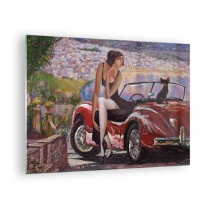 Quadro su vetro - Una donna e un cane vicino a un'auto rossa con un paesaggio sullo sfondo. - 70x50cm - Estate? Solo sulla Riviera - Decorazione murale moderna per soggiorno e camera da letto ARTTOR