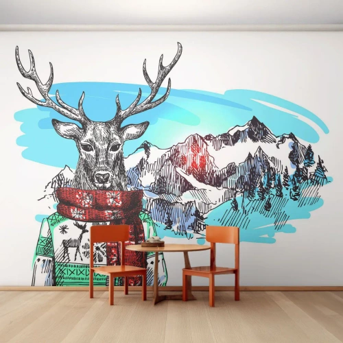 Fotomurali Premium Sand - Un cervo con un maglione invernale e una sciarpa sullo sfondo di un paesaggio montano - 100x70cm - Anche il cervo non ha freddo - Decorazione murale moderna per soggiorno e camera da letto ARTTOR