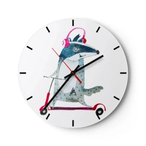 Orologio da parete - Orologio in Vetro - Tasso con le cuffie su uno scooter nello stile di un'illustrazione per bambini - 30x30cm - Tassi di gioia - Decorazione murale moderna per soggiorno, cucina e camera da letto ARTTOR