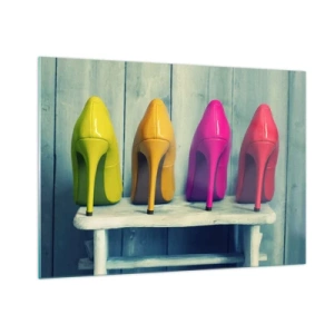 Quadro su vetro - Quattro spilli colorati disposti su una panca di legno - 100x70cm - A passeggio sull'arcobaleno - Decorazione murale moderna per soggiorno e camera da letto ARTTOR