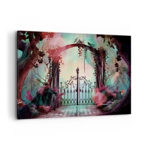 Quadro su tela - Stampe su Tela - Un ingresso magico con un cancello in ferro battuto circondato da una vegetazione misteriosa - 100x70cm - Il giardino dei misteri - Decorazione murale moderna per soggiorno e camera da letto ARTTOR
