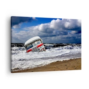 Quadro su tela - Stampe su Tela - Un autobus affondato sulla spiaggia tra onde e mare mosso - 70x50cm - Ti meravigli? - Decorazione murale moderna per soggiorno e camera da letto ARTTOR