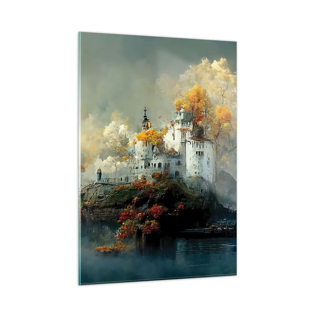 Quadro su vetro - Un castello su una roccia circondato da nebbia e alberi autunnali - 50x70cm - Inizio di una storia romantica - Decorazione murale moderna per soggiorno e camera da letto ARTTOR