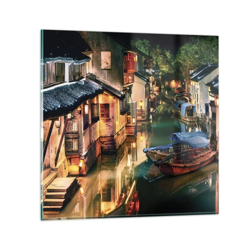 Quadro su vetro - Sera in una via cinese - 70x70 cm