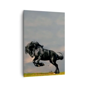 Quadro su tela - Stampe su Tela - Un cavallo oscuro in un salto dinamico contro il cielo - 70x100cm - Libero e bello - Decorazione murale moderna per soggiorno e camera da letto ARTTOR