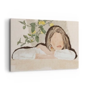 Quadro su tela - Stampe su Tela - La figura di una donna sullo sfondo di un albero di limone - 100x70cm - Bellezza del sud - Decorazione murale moderna per soggiorno e camera da letto ARTTOR