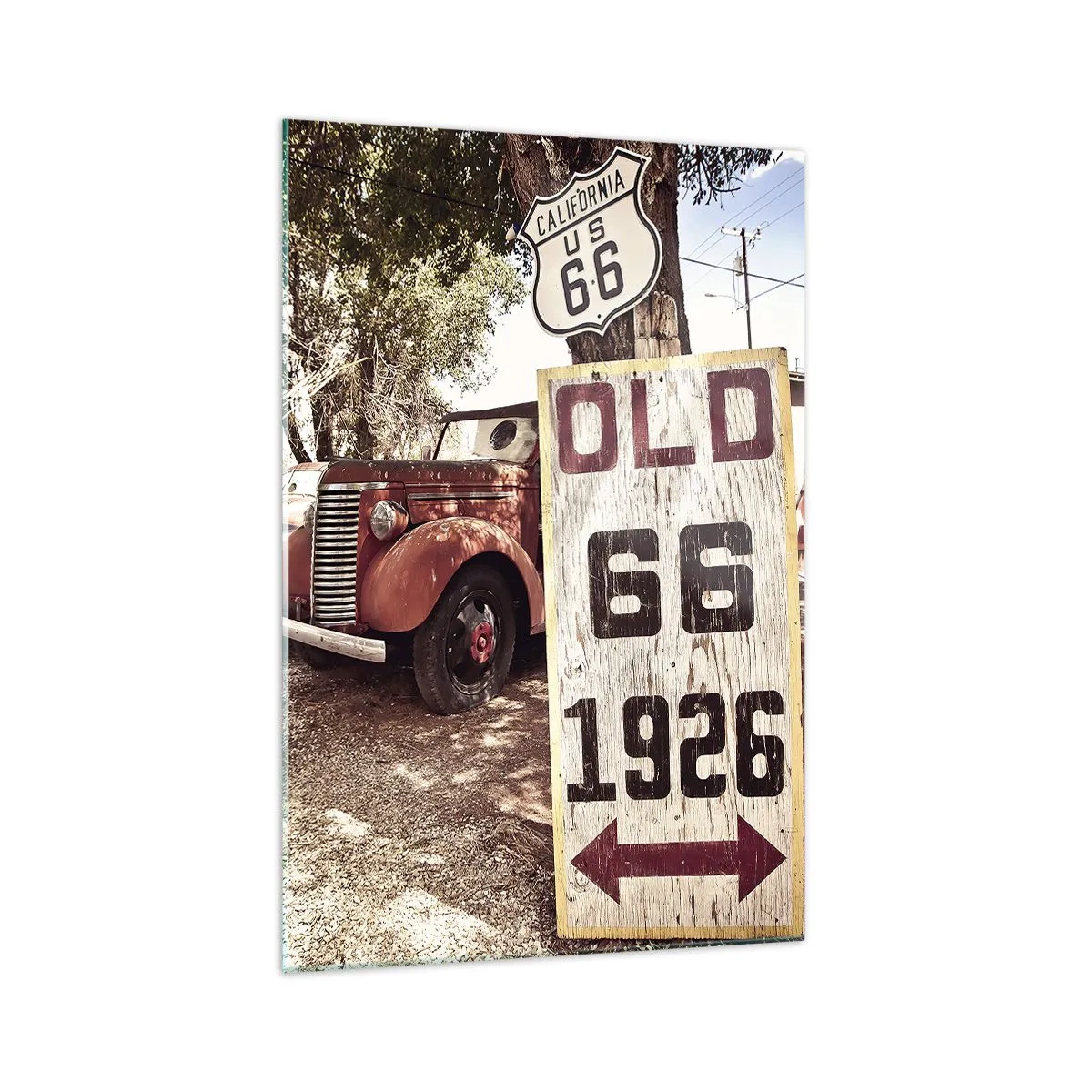 Quadro su vetro - Auto retrò e cartello della Route 66 in un ambiente rustico - 70x100cm - La leggenda della provincia americana - Decorazione murale moderna per soggiorno e camera da letto ARTTOR