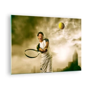 Quadro su vetro - Un tennista che colpisce la palla sullo sfondo di una città - 70x50cm - Energia e gioia - Decorazione murale moderna per soggiorno e camera da letto ARTTOR