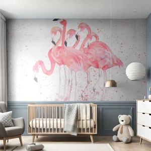 Fotomurale su misura Premium Sand - Gruppo in rosa - Fenicotteri, Uccelli, Grafica